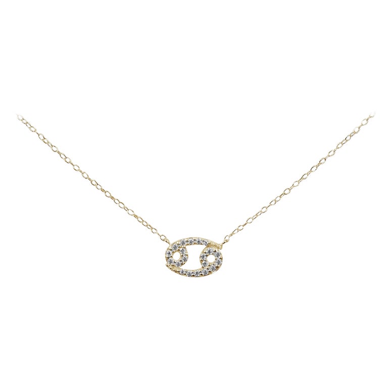 14k Solid Gold Diamond Necklace Cancer Zodiac Sign Birth Sign Necklace For Sale