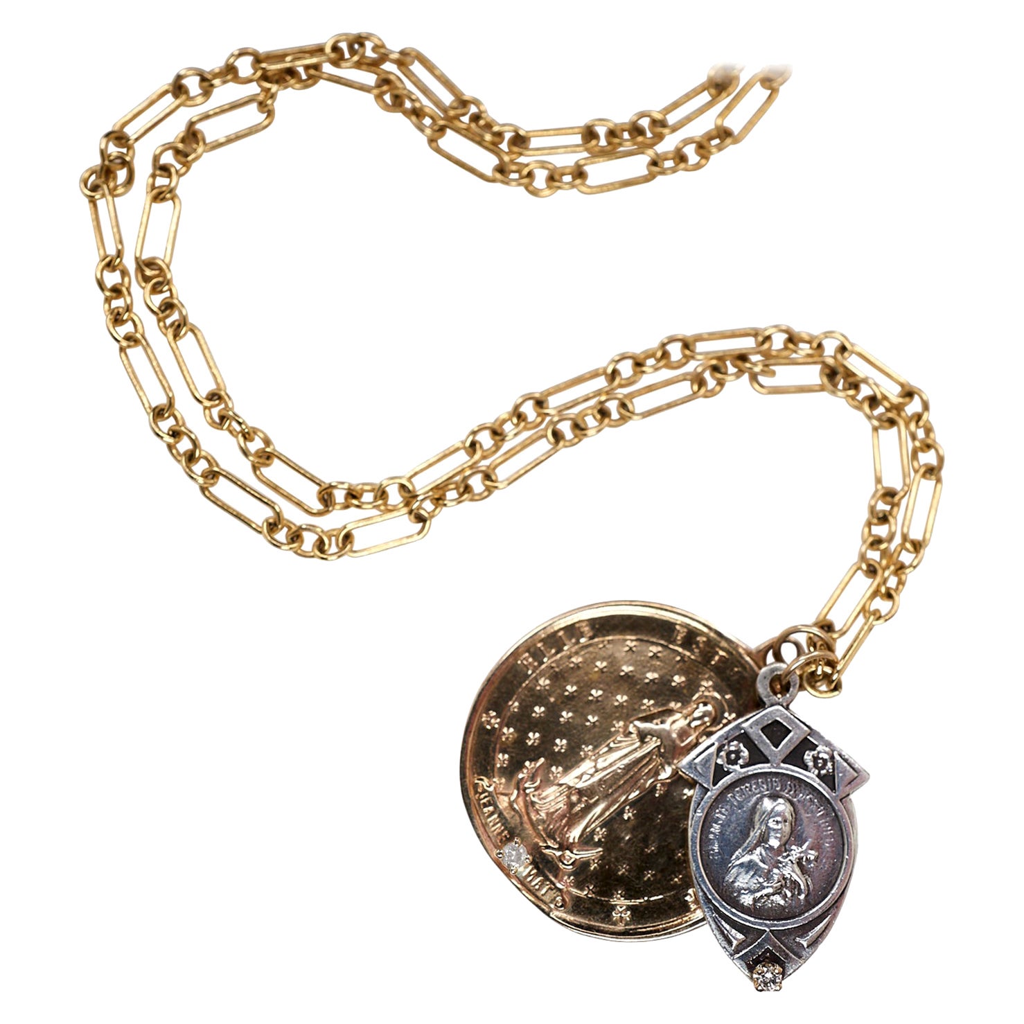 Chunky Chain Halskette mit Medaillon-Anhänger Jungfrau Maria weißer Diamant J Dauphin im Angebot
