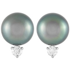 Mikimoto 18K White Gold 0.48 Ct Diamond and Black South Sea Pearl Earrings