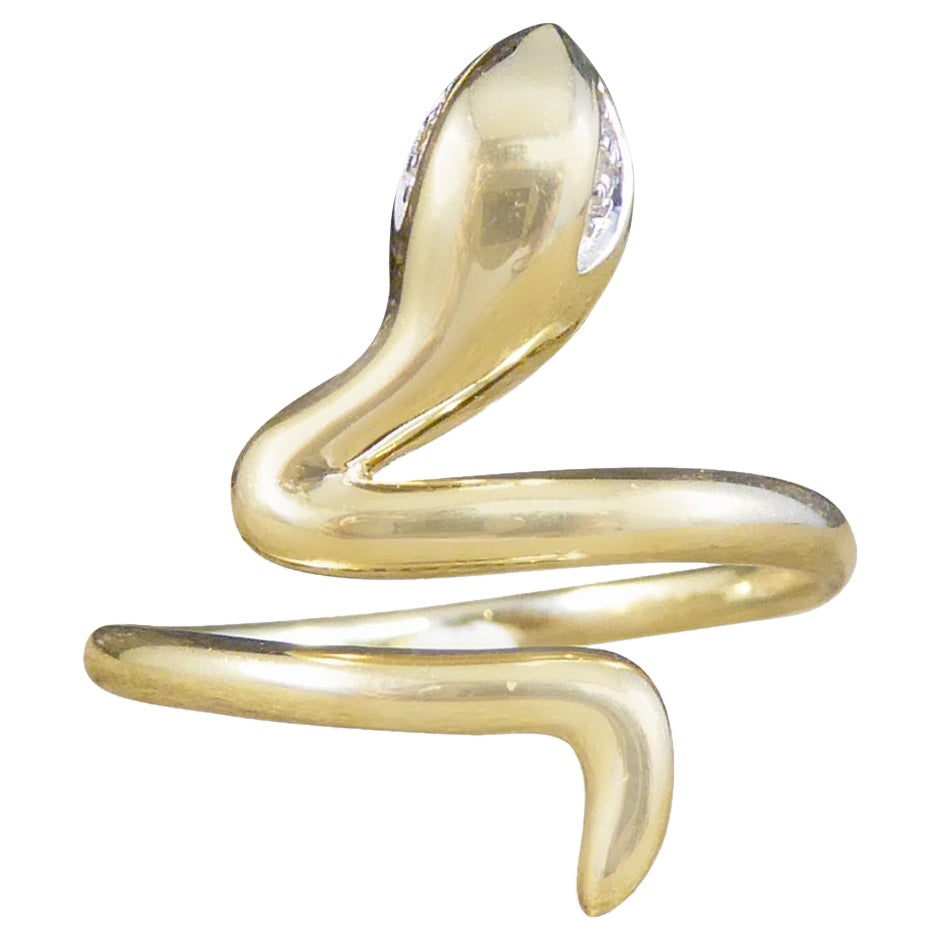 Contemporary New Diamond Set Eyed Snake Ring in 9ct Yellow Gold For Sale