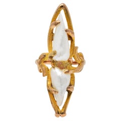 Arts & Crafts Baroque Pearl 14 Karat Gold Navette Ring