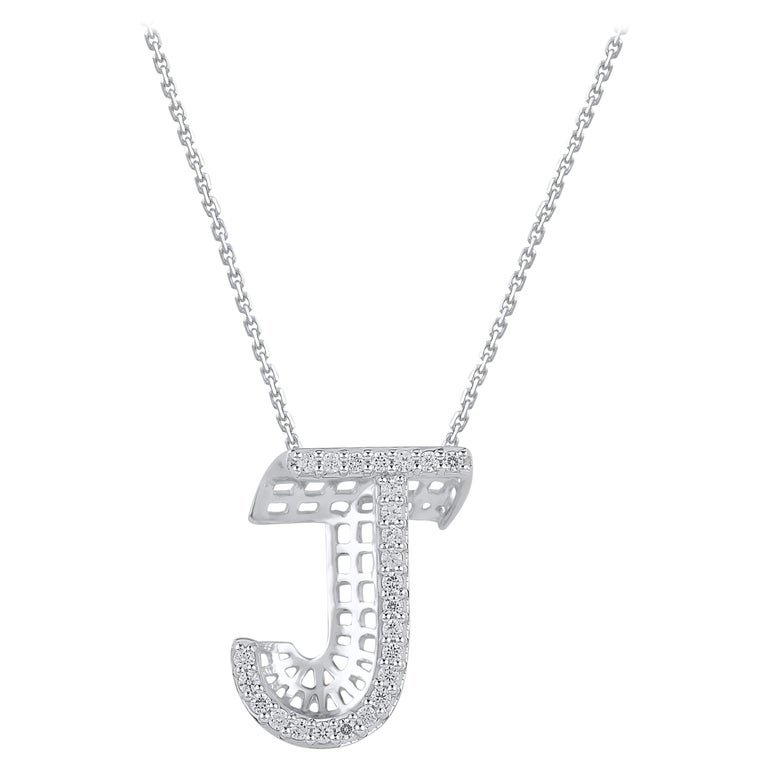 TJD 0.25 Carat J' Initial 3D Alphabet Diamond Pendants in 18 Karat White Gold For Sale
