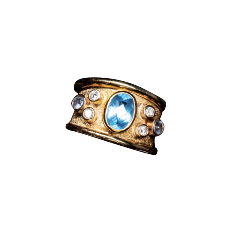 Im Angebot: Blauer Bonbon-Ring aus 18k Gold mit Aquamarin und Diamanten () 2
