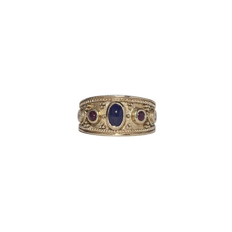 For Sale:  Athenas Ring in 18k Gold with Centered Sapphire, Rubies & Diamonds 2