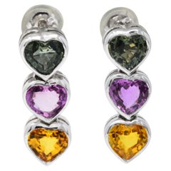 Modern 4.10 Carats Fancy Colored Sapphire 18 Karat Gold Heart Drop Earrings