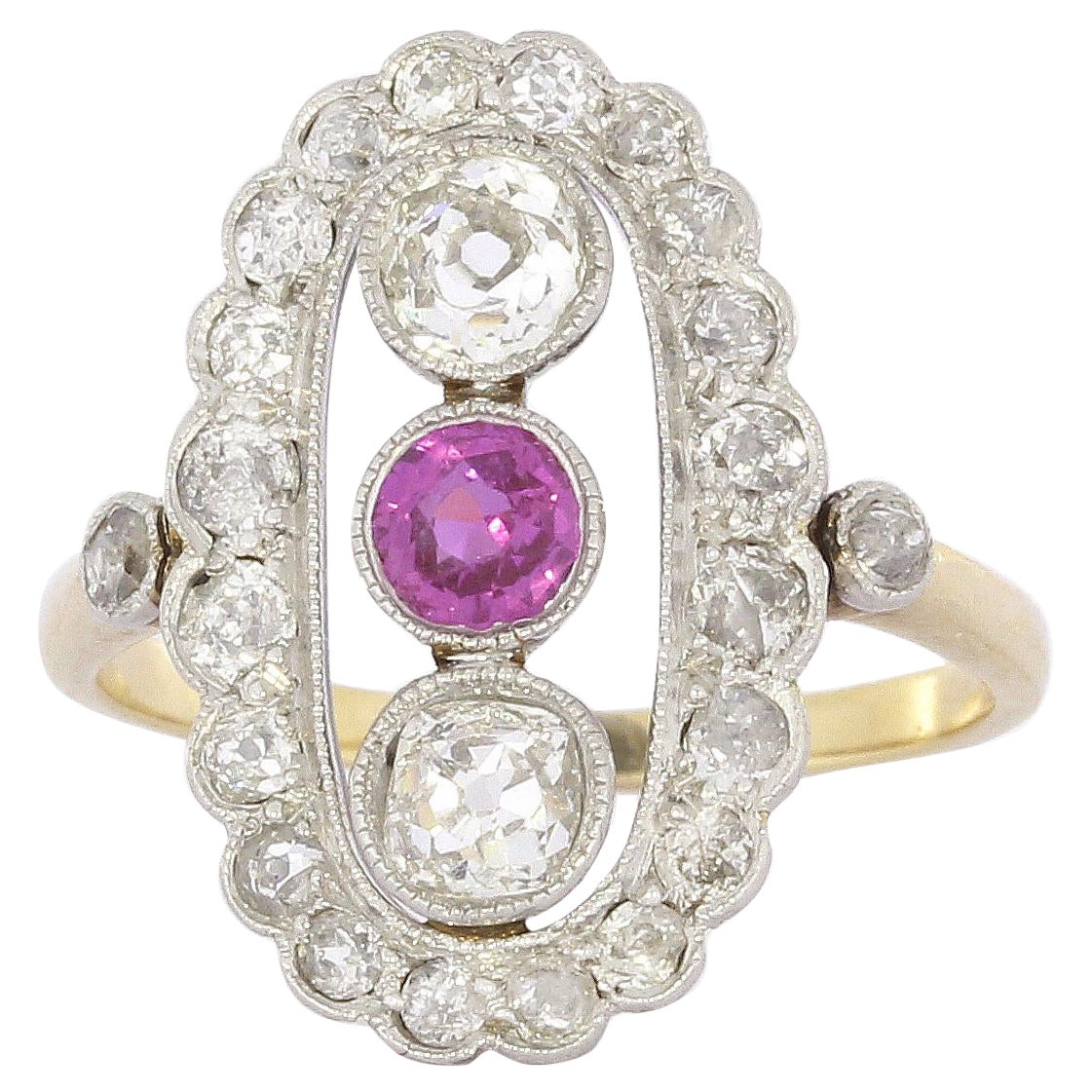 Art Deco Diamond Pink Sapphire Ring in Yellow Gold