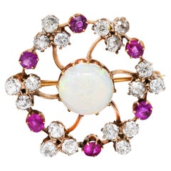 Victorian Opal 2.00 Carat Ruby Diamond 14 Karat Gold Spiral Circle Wreath Brooch