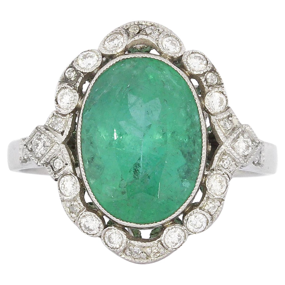 4.17 Carat Antique Style Oval Emerald Diamond Cocktail Platinum Ring For Sale