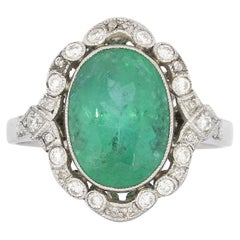 4.17 Carat Antique Style Oval Emerald Diamond Cocktail Platinum Ring