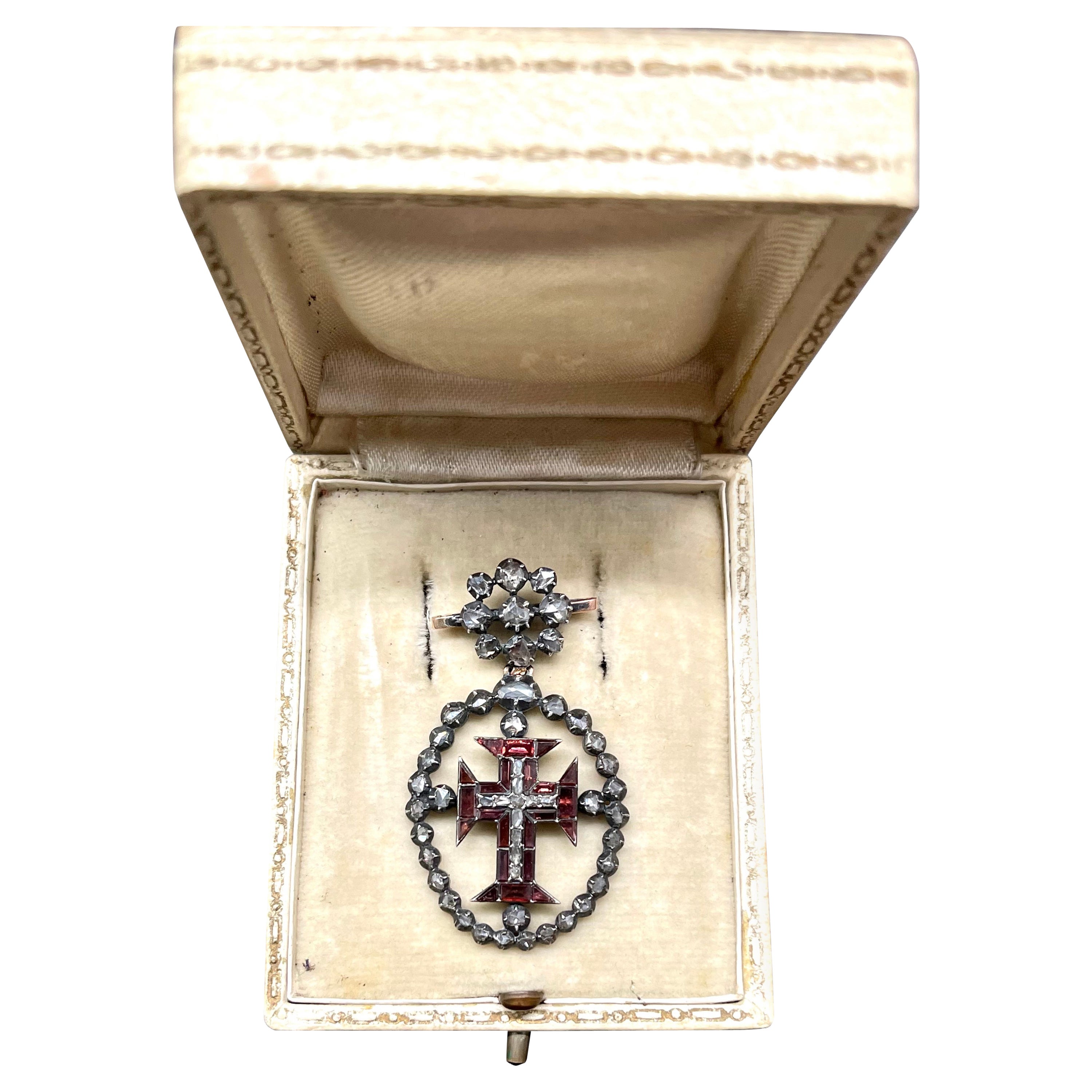 Diamonds and Garnets Cross Templar Military Order of Christ Grand 1600s Brooch  For Sale