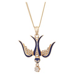 Antique Victorian Swallow Pendant Necklace 14k Yellow Gold Diamond Seed Pearls