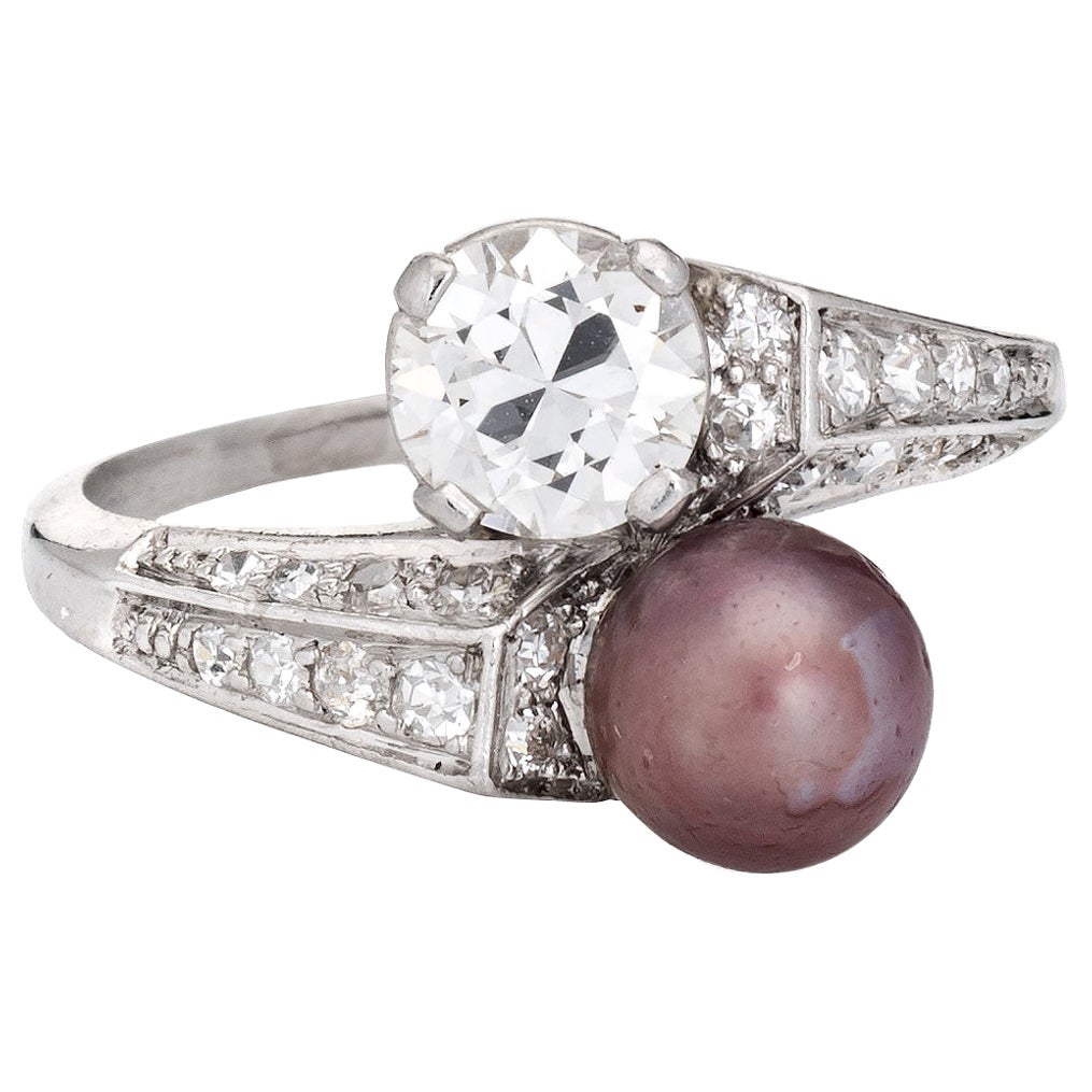 Vintage Art Deco Diamond Pearl Ring Moi et Toi Platinum Engagement Band