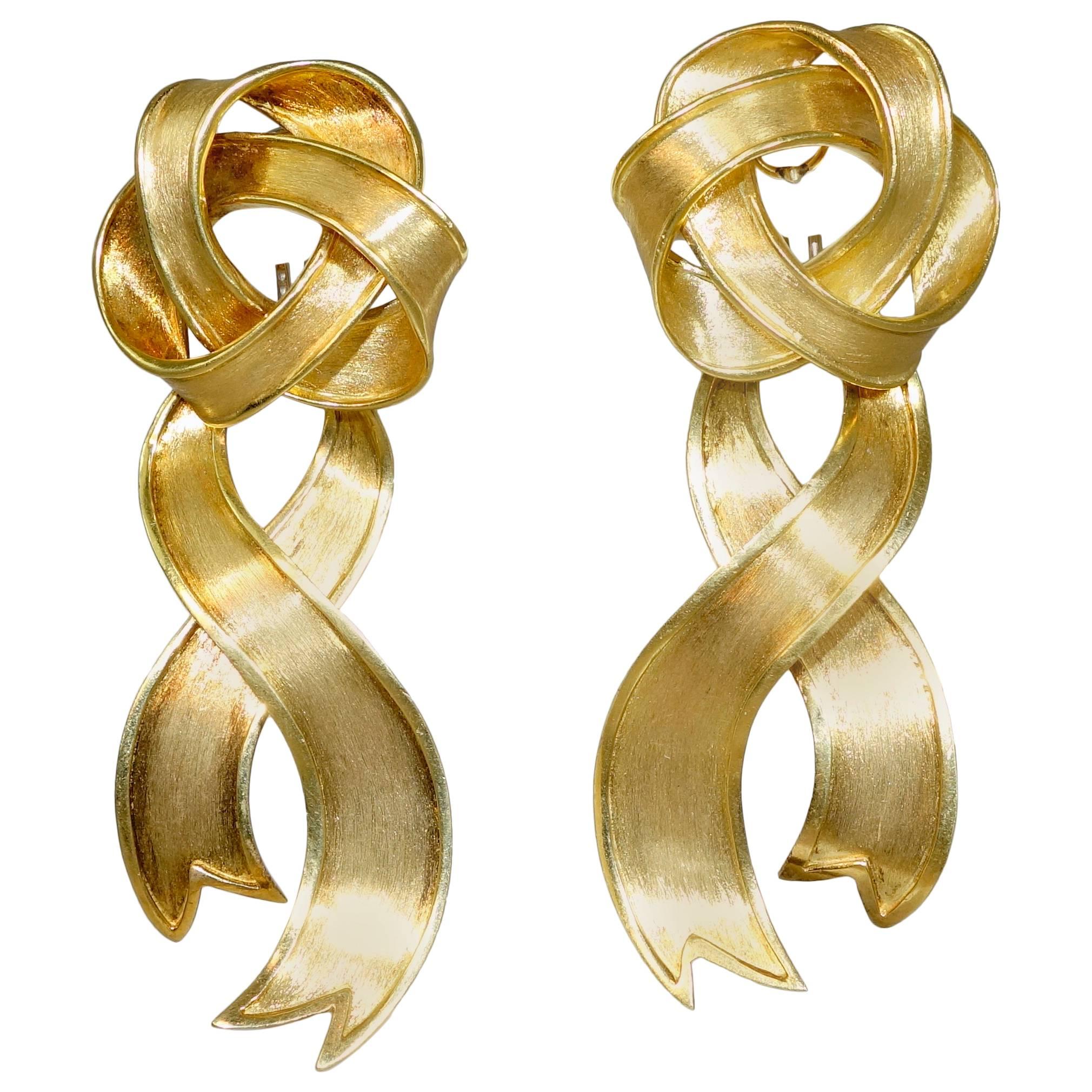 Boris Lebeau Long Gold Ribbon Motif Earrings