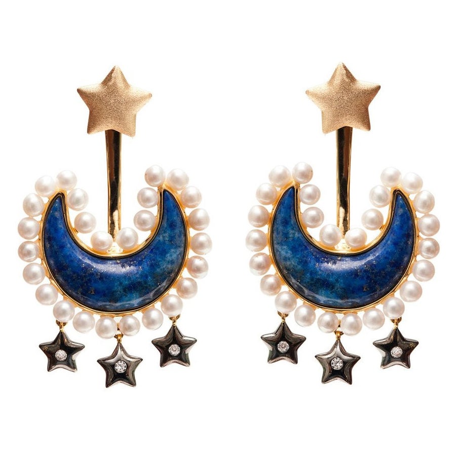 Ammanii Lapis Lazuli with Pearl Moon + Star Ear Jacket Earrings in Vermeil Gold For Sale