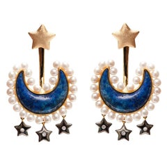 Ammanii Boucles d'oreilles en or vermeil avec lapis-lazuli et perles en forme de lune et d'étoile