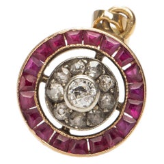 Art Deco 14K Rose Gold Vintage Circular Pendant with Old Cut Diamonds and Rubies