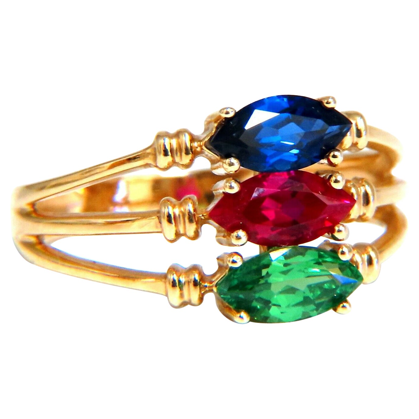 Lab Ruby Sapphire Emerald Three Stone Ring 14kt For Sale