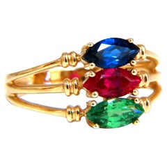 Lab Ruby Sapphire Emerald Three Stone Ring 14kt