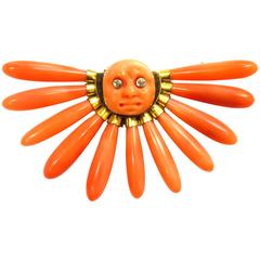 Carved Coral Ray of Sunshine Exquisite Gold Platinum Diamond Pin 6