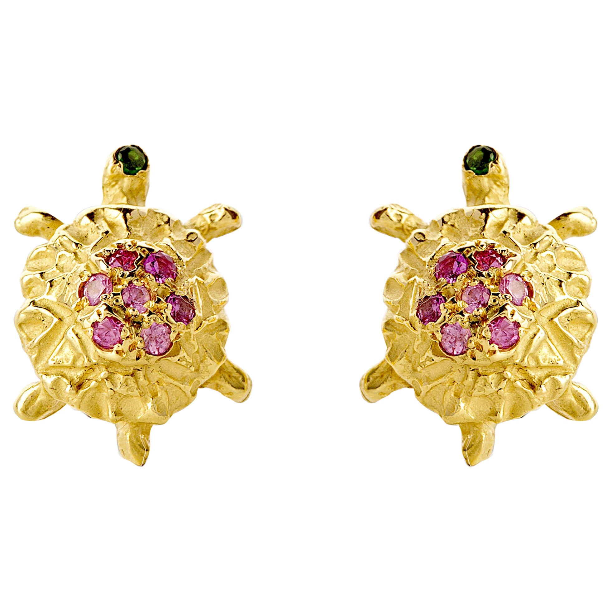 Clous d'oreilles artisanaux en or 18 carats avec tourmaline rose en forme de petite tortue