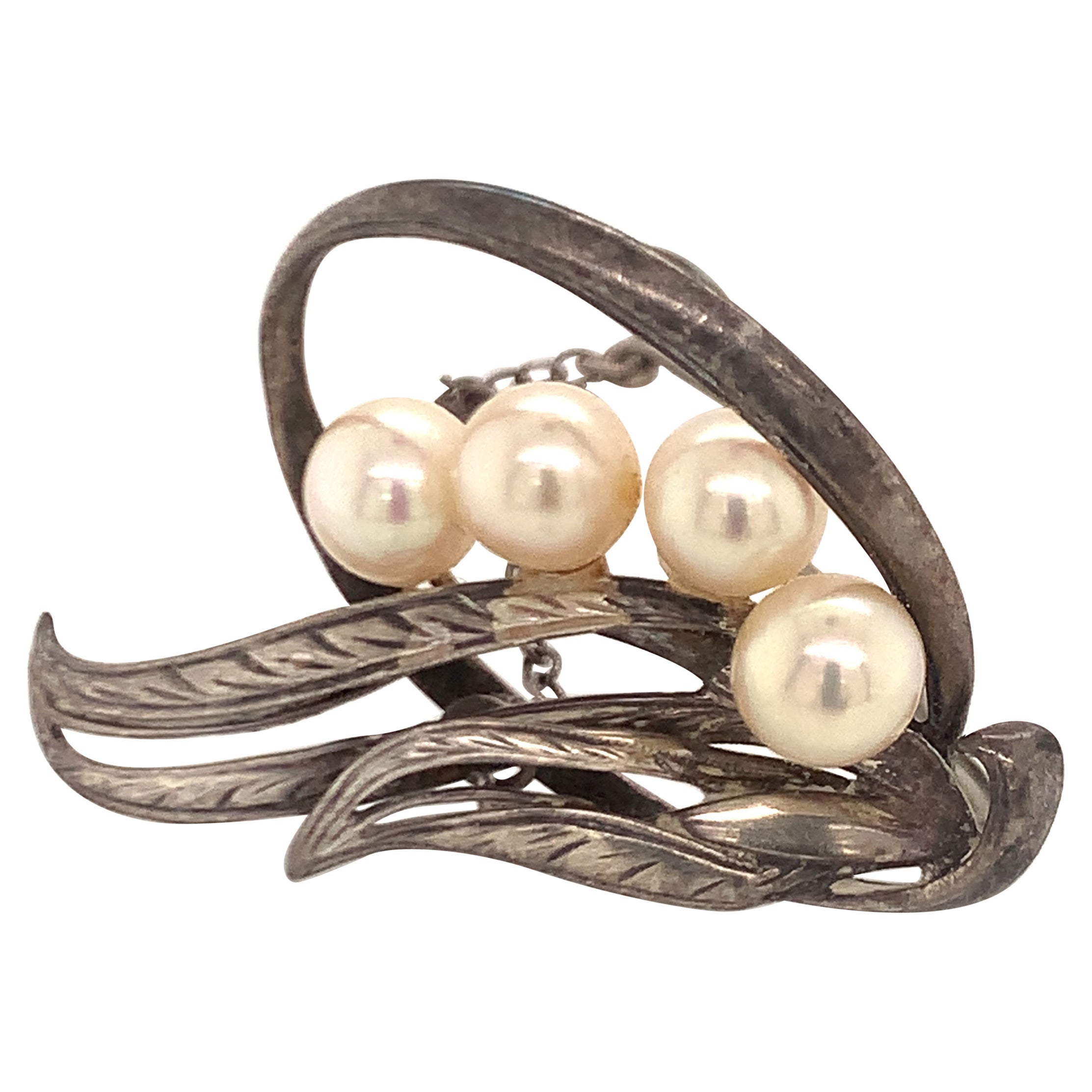 Mikimoto Estate Akoya Pearl Brooch Pin Sterling Silver 5.56 Grams For Sale