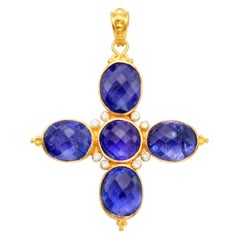 Steven Battelle 21.0 Carats Tanzanites Diamonds 22K Gold Cross Pendant