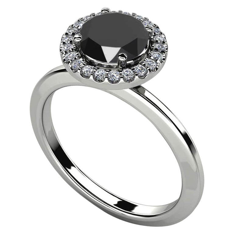 2 Carat Round Black Diamond Halo Cocktail Ring in 14K White Gold For Sale