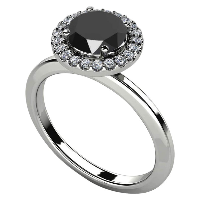 1.56 Carat Round Black Diamond Halo Cocktail Ring in 14K White Gold