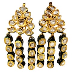 Vintage Rose Cut Diamond Chandelier Dangle Earrings 18 Karat Gold and Enamel