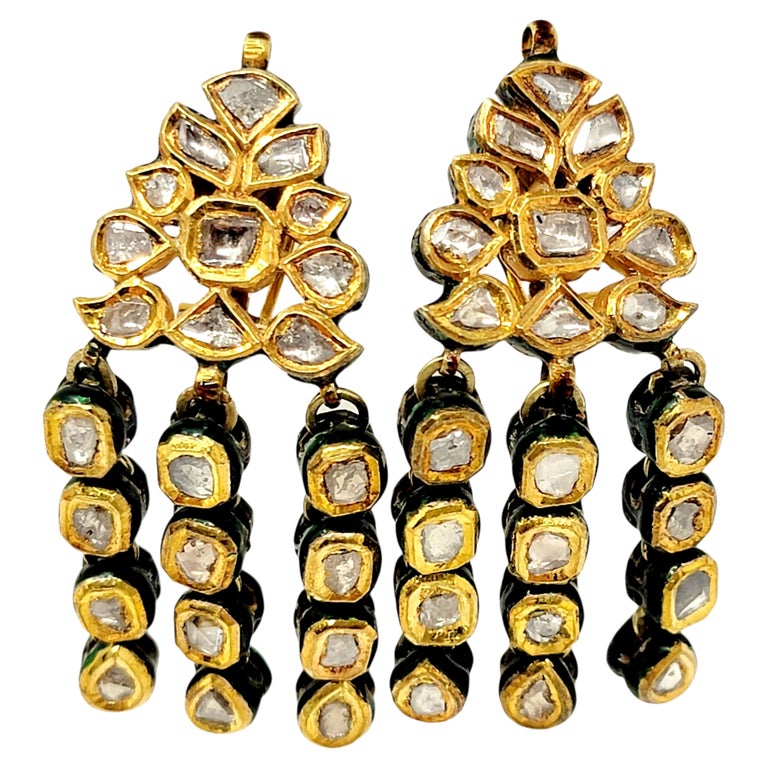 Vintage Rose Cut Diamond Chandelier Dangle Earrings 18 Karat Gold and Enamel For Sale