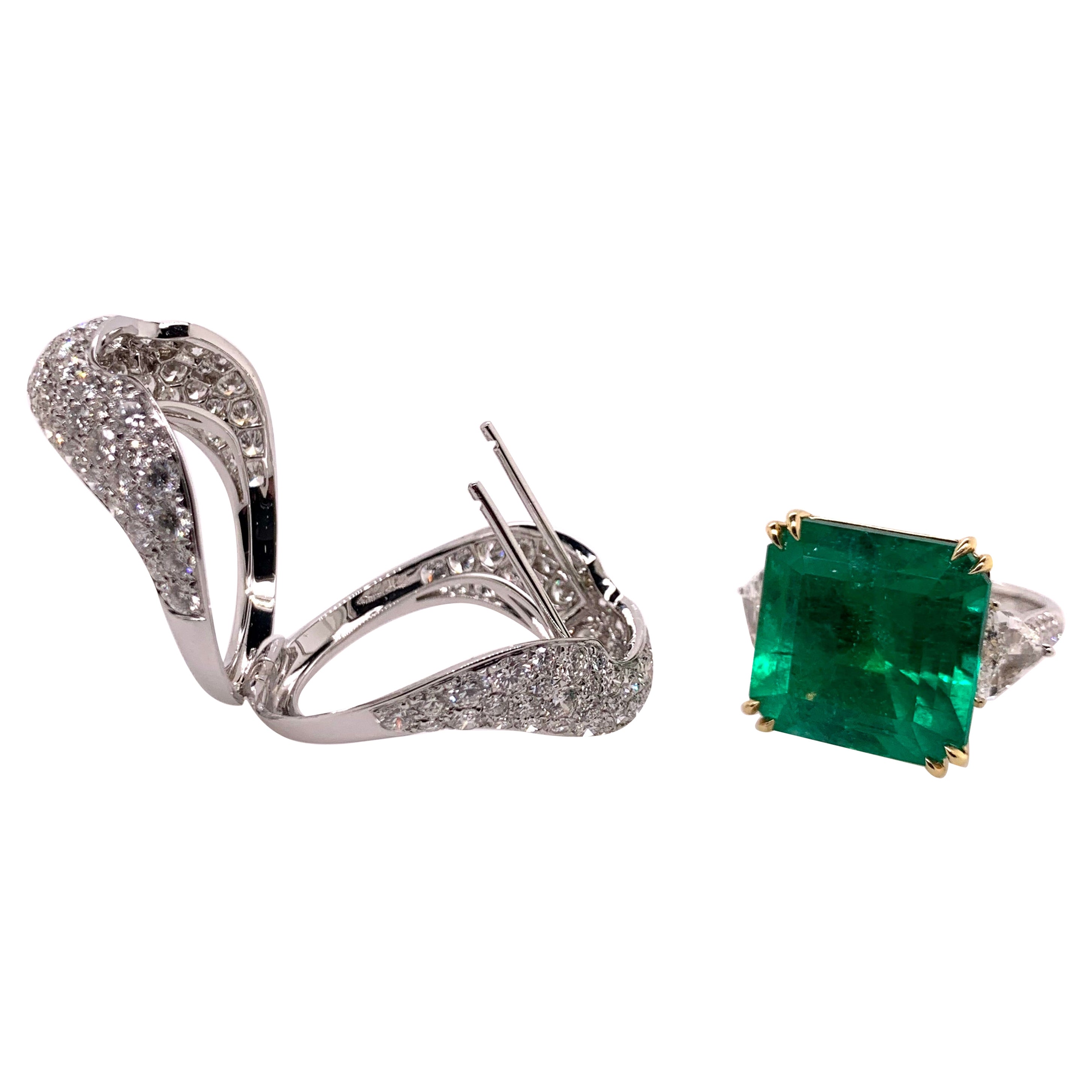 18k White Gold Colombian Certified Emerald Ring with Custom Diamond Jacket