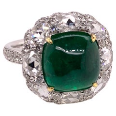 18k White Gold Cabachon Emerald Ring with Rose Cut Diamonds