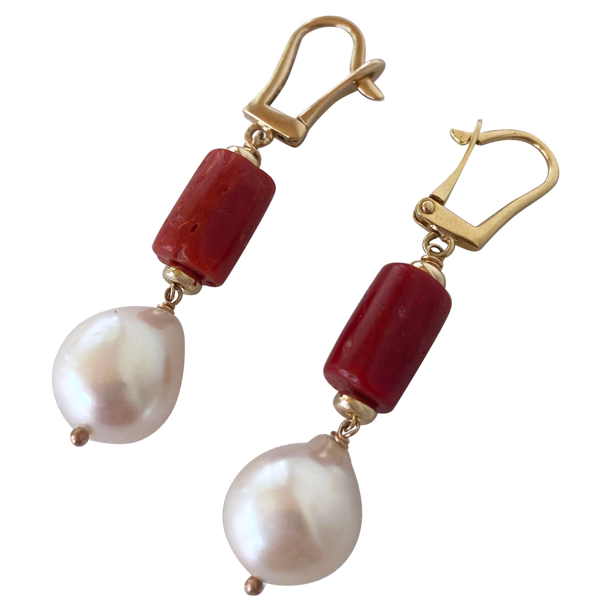 Marina J. Mediterranean Coral, Pearl and 14K Yellow Gold Lever Back Earrings