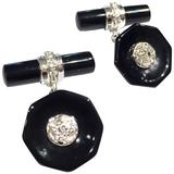 1980s Onyx Diamond Gold Cufflinks 