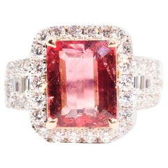 5.5 Carat Pink Emerald Cut Tourmaline and Diamond 18 Carat Gold Cocktail Ring