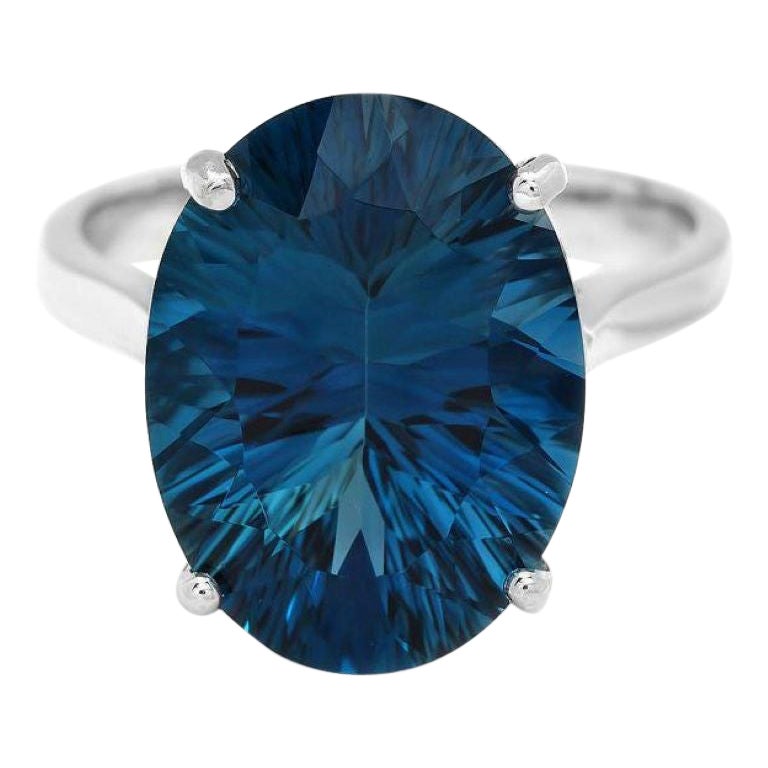 9.80 Carats Natural Blue Topaz 14K Solid White Gold Ring For Sale