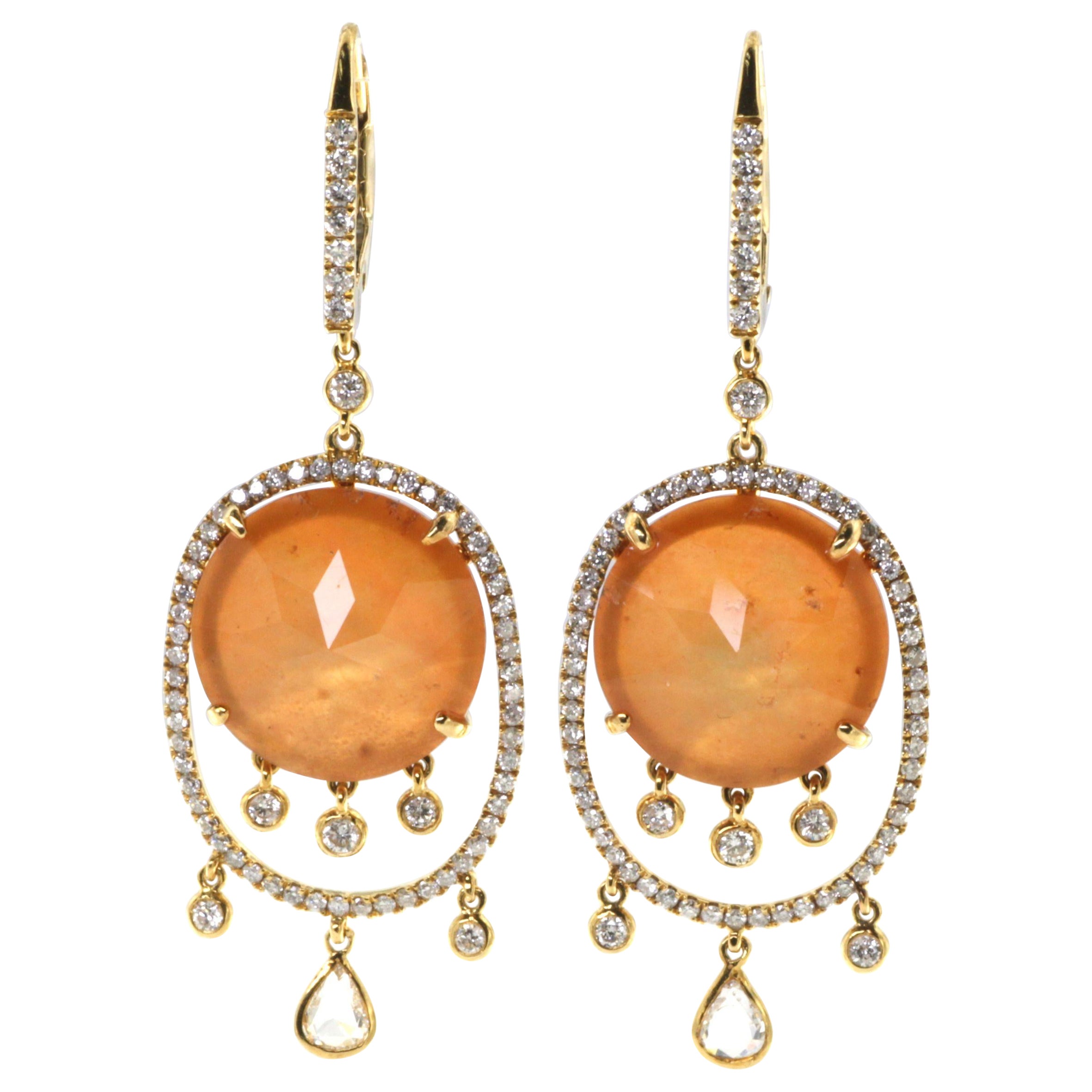 Spessartite Rock Crystal Doublet Diamond Dangle Earring in 18 Karat Yellow Gold For Sale