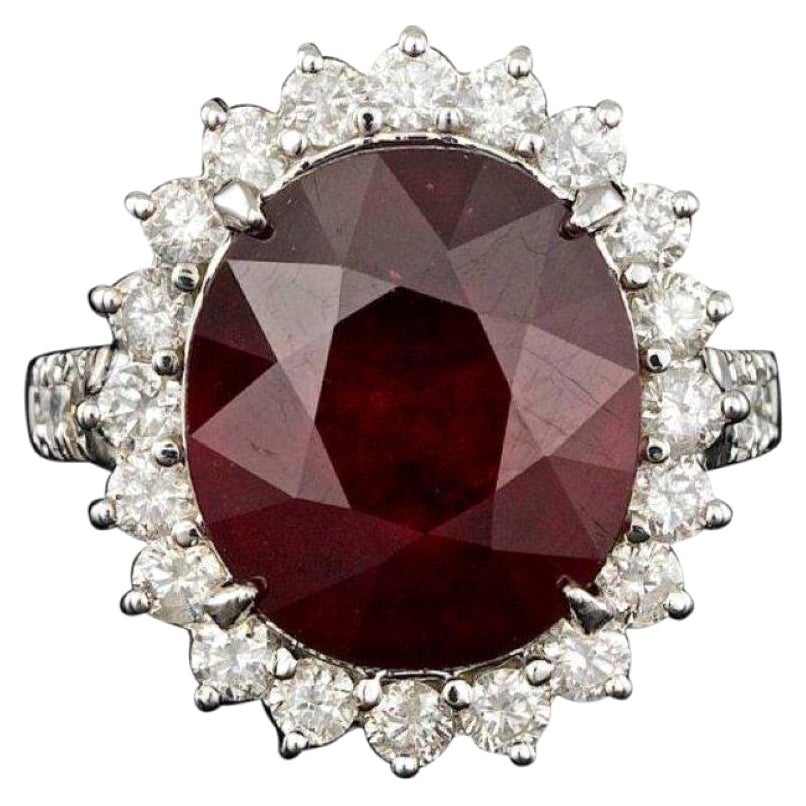 13.80 Carats Natural Red Ruby and Diamond 14K Solid White Gold Ring