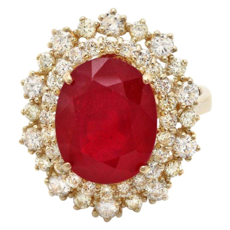 9.00 Carats Natural Red Ruby and Diamond 14K Solid Yellow Gold Ring