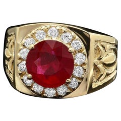 4.50 Carats Natural Red Ruby and Diamond 14K Solid Yellow Gold Men's Ring