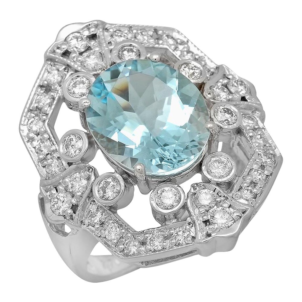 7.60 Carats Natural Aquamarine and Diamond 14K Solid White Gold Ring ...