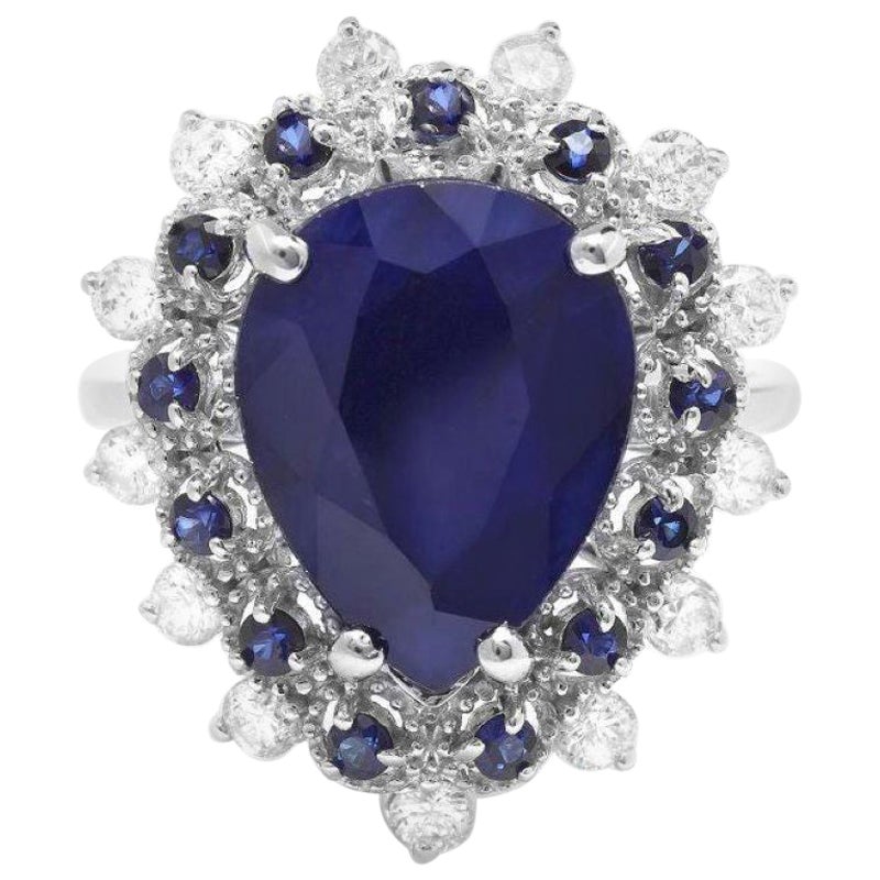 14 Karat massiver Weißgold Ring mit 6,00 Karat natürlichem blauen Saphir und Diamant