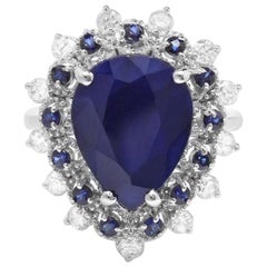 6.00 Carats Natural Blue Sapphire and Diamond 14K Solid White Gold Ring