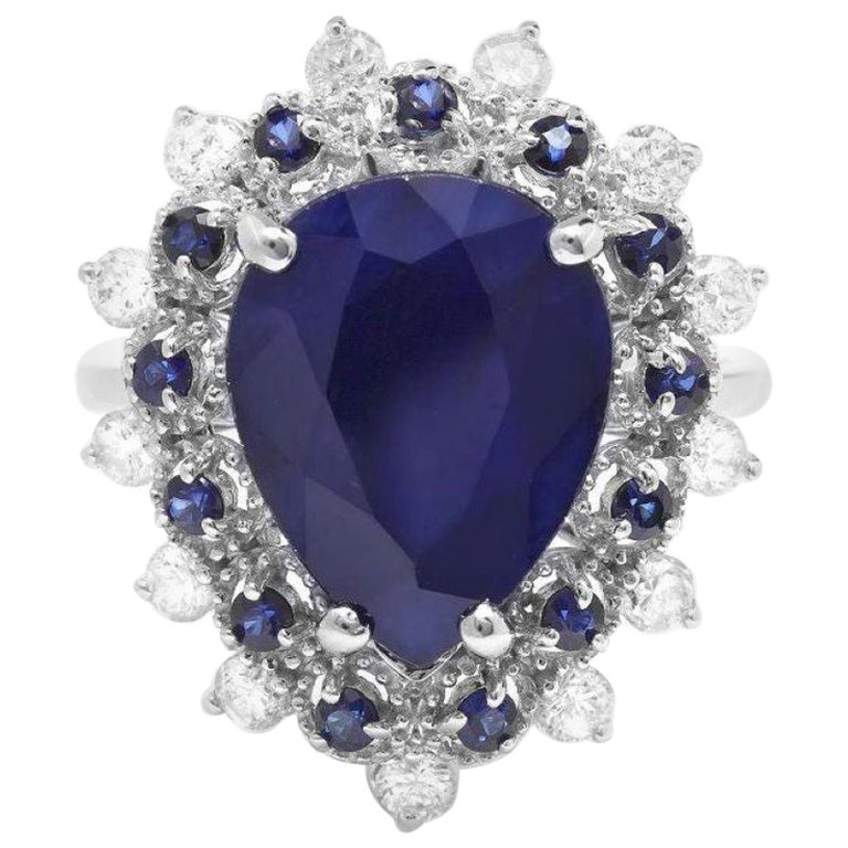 6.00 Carats Natural Blue Sapphire and Diamond 14K Solid White Gold Ring For Sale