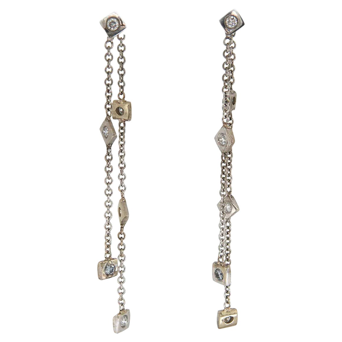 0.30ctw Diamond Bezel Set Double Strand Square Shaped Dangle Earrings in 14K For Sale
