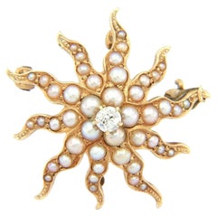Seed Pearl Diamond Accent Sunburst Pendant/Brooch in 14K Yellow Gold