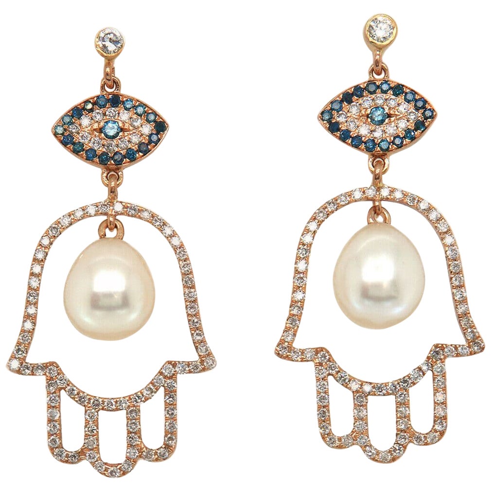 Hamsa, Evil Eye, Pearl and Diamond Dangle Earrings in 18K Yellow Gold For Sale