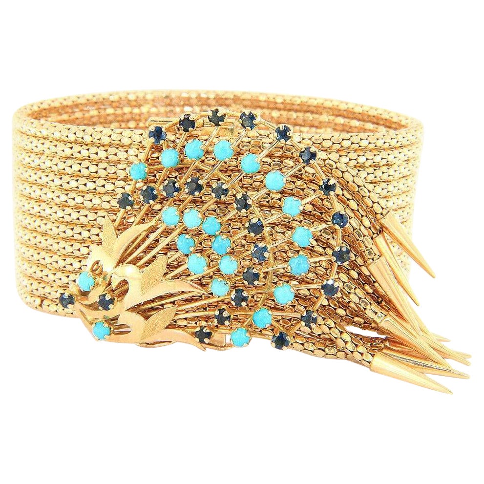 Vintage Sapphire and Turquoise Spray Multi Row Fringe Bracelet in 18K For Sale