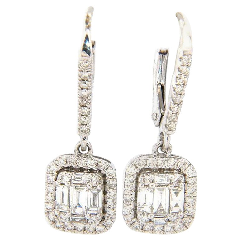 New 0.81ctw Baguette and Round Diamond Cluster Frame Dangle Earrings in 14K For Sale