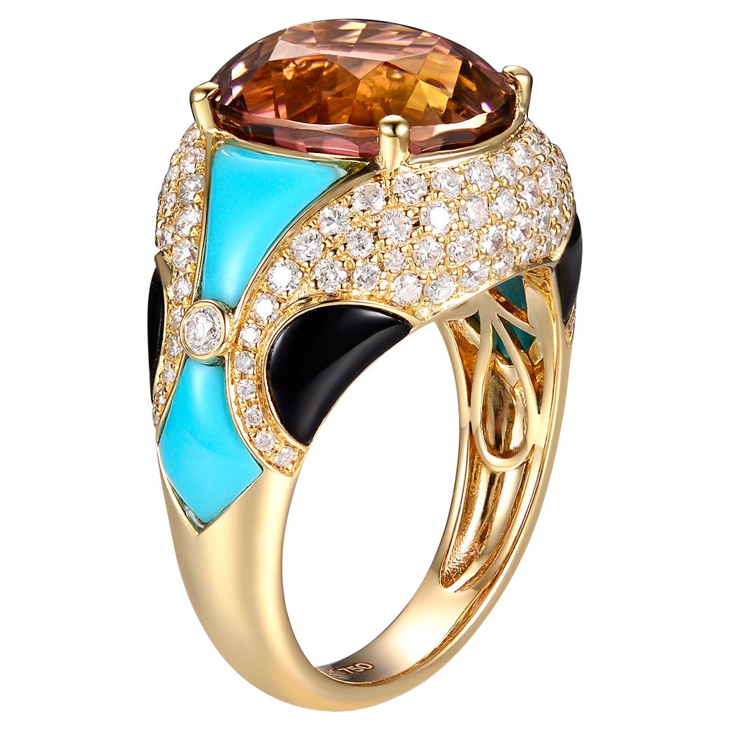 Pink Tourmaline Onyx Turquoise Diamond Cocktail Ring in 18 Karat Yellow Gold